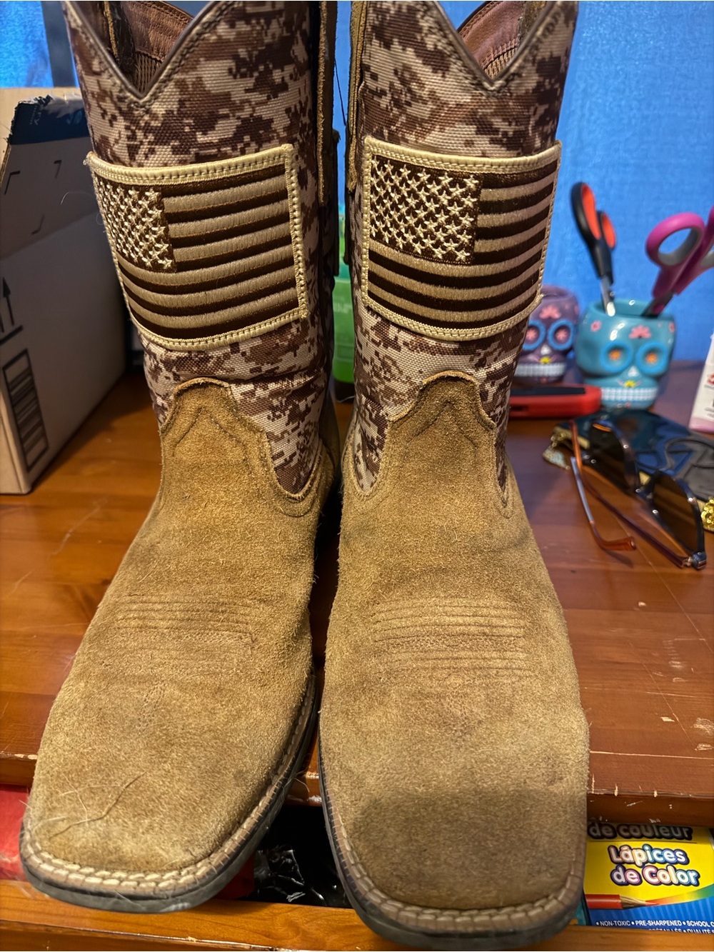 Ariat Tan Suede Cowboy Boots with American Flag Patch